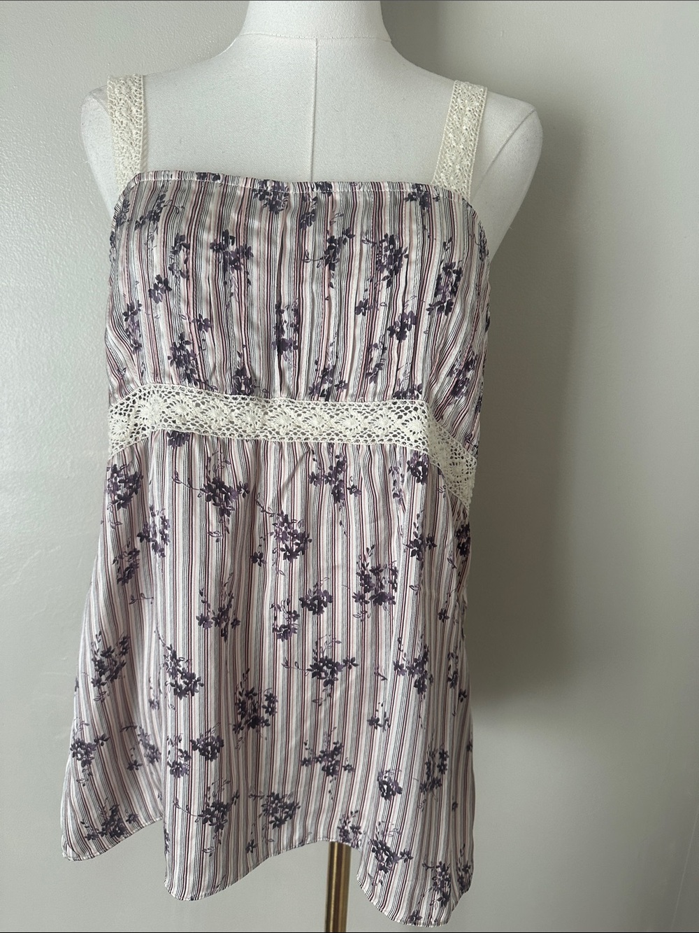 Vtg Y2K Purple Floral Pinstripe Babydoll Tank 100% Silk Women 12 Coquette Fairy